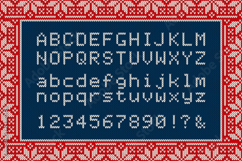 Christmas Knitted Font. Latin Alphabet Letters and Numbers on Knit Background - Vector