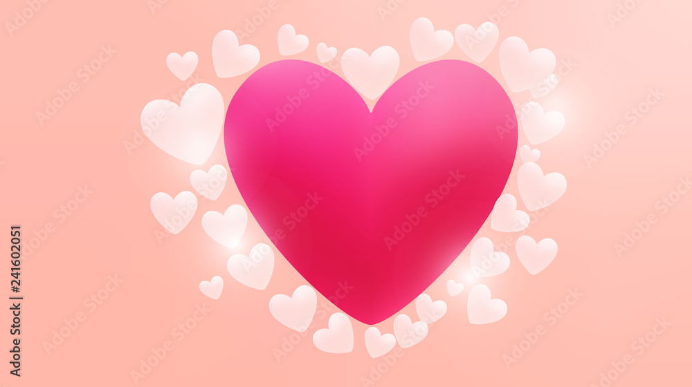 Big pink heart with white peach hearts particles around it isolated on coral background. 