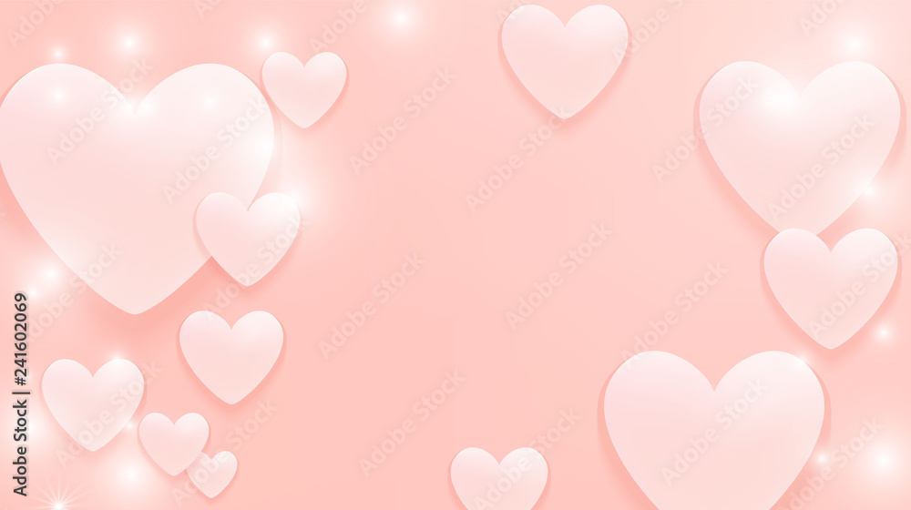 Soft hearts flying on coral pink background. Love, tenderness symbol. Greeting card  template for Valentine's Day, Mother's day.