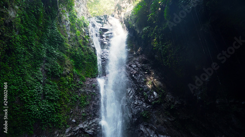 waterfall in green rainforest. tropical waterfall in mountain jungle. Bali Indonesia. Travel concept.