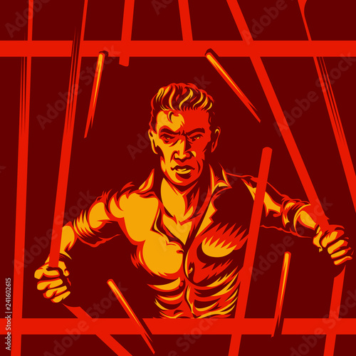 Broken Prison Bars Freedom Concept. Two hands clenched in a fist tearing prison bars the symbol of the revolution of freedom.