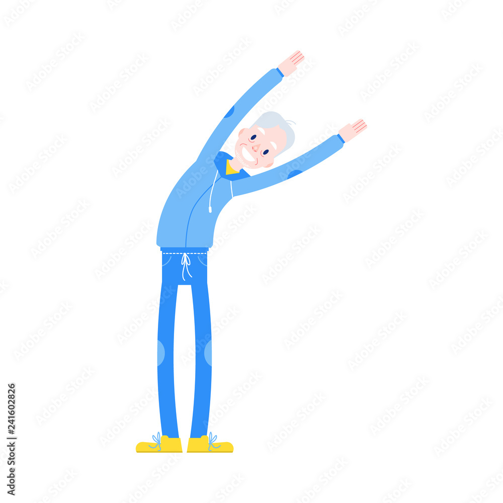 Vector flat elderly man in sportsuit doing sport. Old male character working out standing side bend. Grandfather at retirement, pension and healthy lifestyle. Vector flat elderly man in sportsuit doing sport. Old male character working out standing side bend. Grandfather at retirement, pension and healthy lifestyle.