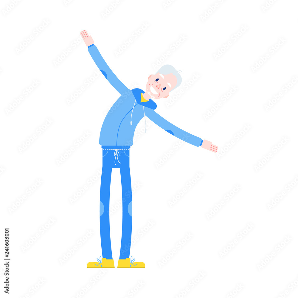 Vector flat elderly man in sportsuit doing sport. Old male character working out standing side bend. Grandfather at retirement, pension and healthy lifestyle. Vector flat elderly man in sportsuit doing sport. Old male character working out standing side bend. Grandfather at retirement, pension and healthy lifestyle.