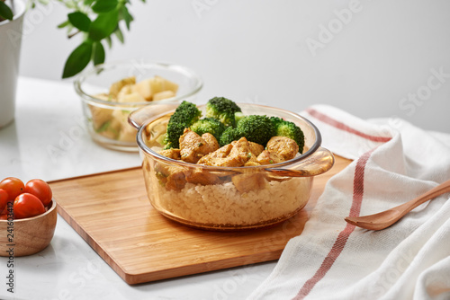 Lunch Rice topped with stir-fried chicken and broccoli, Coffee in the daytime