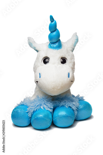 White and blue unicorn fluffy, plush kid toy isolated on white