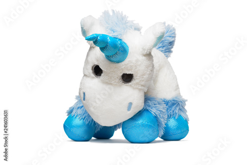 White and blue unicorn fluffy, plush kid toy isolated on white