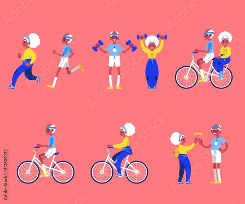 Vector illustration set of sporty aged people in flat style - isolated elderly man and woman doing sport exercises and having active leisure for healthcare in old age concept.