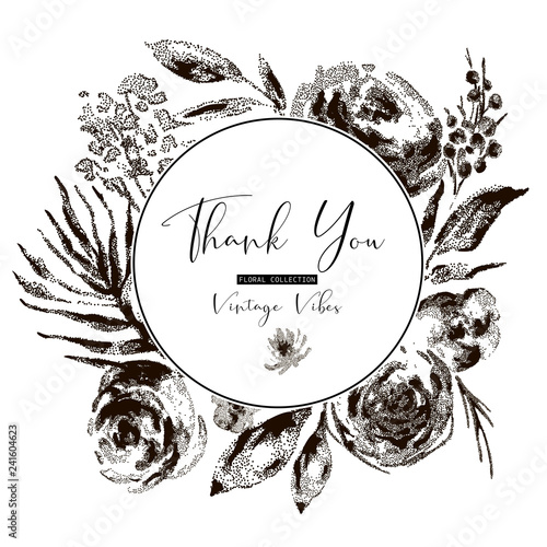 Vector vintage black and white floral greeting card, flowers