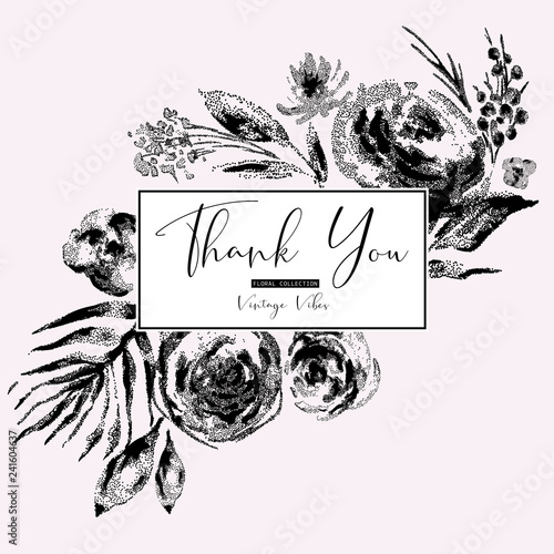 Vector vintage black and white floral greeting card, flowers