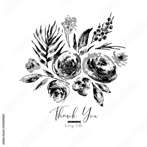 Vector vintage black and white floral greeting card, flowers