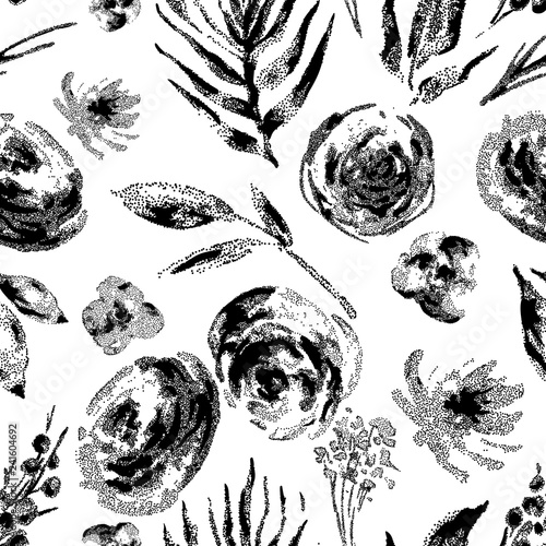 Vector vintage black and white floral seamless pattern flowers