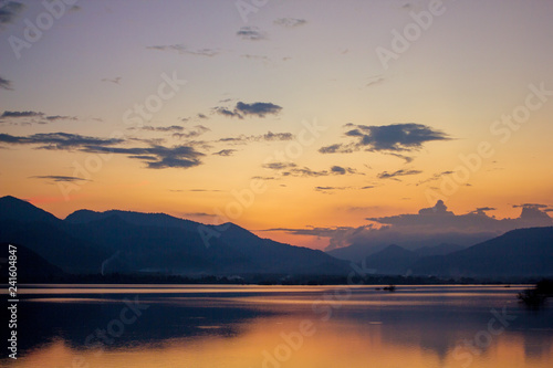 Beautiful Landscape of evening lake view that show The reflection of the mountain on the water is so beautiful.