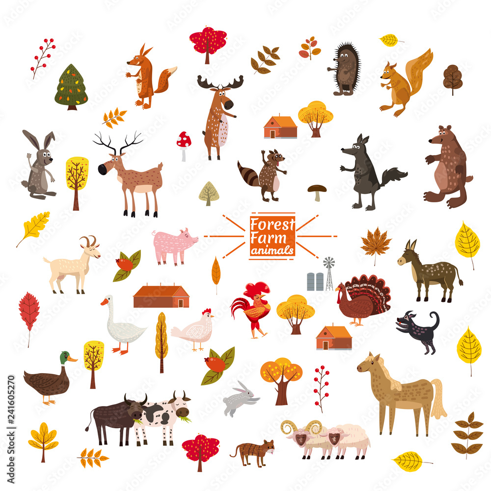 Fototapeta premium Set of cute and cute farm and forest animals, fox, bear, wolf, pig, rabbit, cat, raccoon, cow, horse, bull, cow, squirrel, cartoon style, greeting card, illustration, vector, banner, isolated