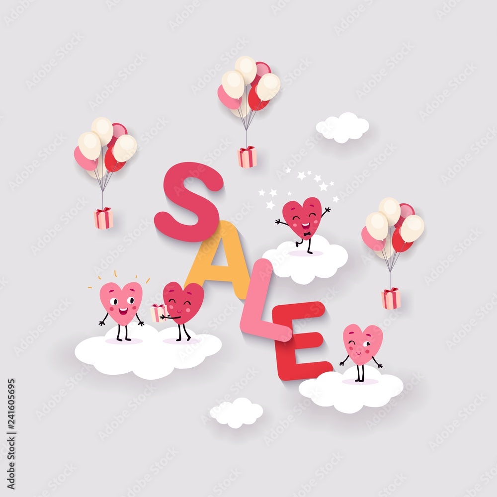 Valentines Day Sale, background with cute cartoon hearts on cloud, vector