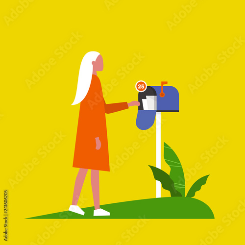 Young female character checking the mailbox. Paper letter. Correspondence / flat editable vector illustration, clip art