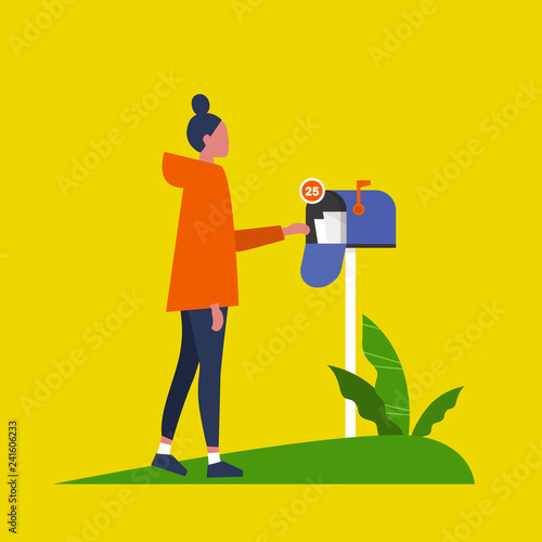 Young female character checking the mailbox. Paper letter. Correspondence / flat editable vector illustration, clip art