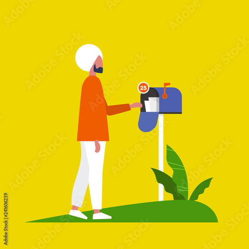 Young indian male character checking the mailbox. Paper letter. Correspondence / flat editable vector illustration, clip art