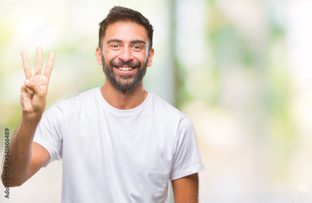 Adult hispanic man over isolated background showing and pointing up with fingers number three while smiling confident and happy. Adult hispanic man over isolated background showing and pointing up with fingers number three while smiling confident and happy.