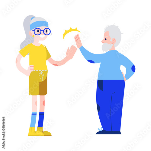 Vector illustration of aged man and woman in sportswear giving each other five in flat style - isolated smiling active elderly people for sporty and healthy lifestyle in old age concept.