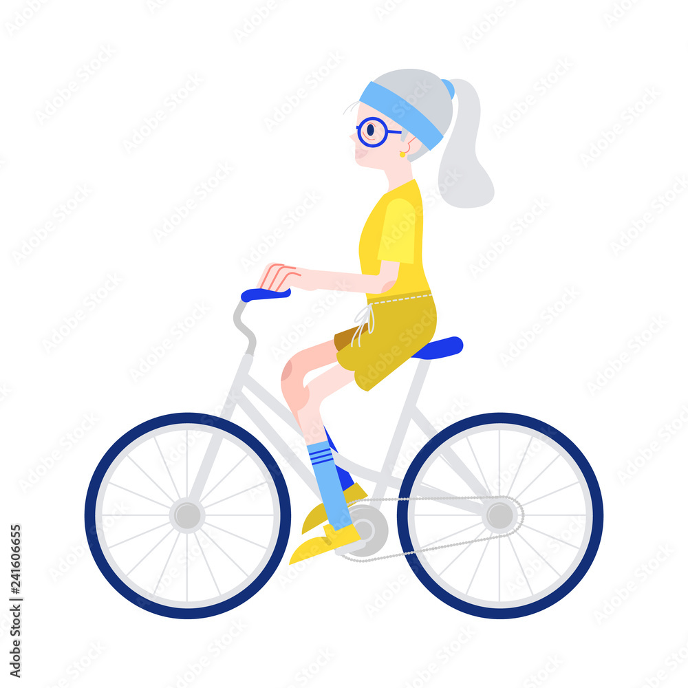 Naklejka premium Vector illustration of elderly woman riding bike in flat style isolated on white background - smiling gray-haired grandmother on bicycle for sport and active leisure in old age concept.