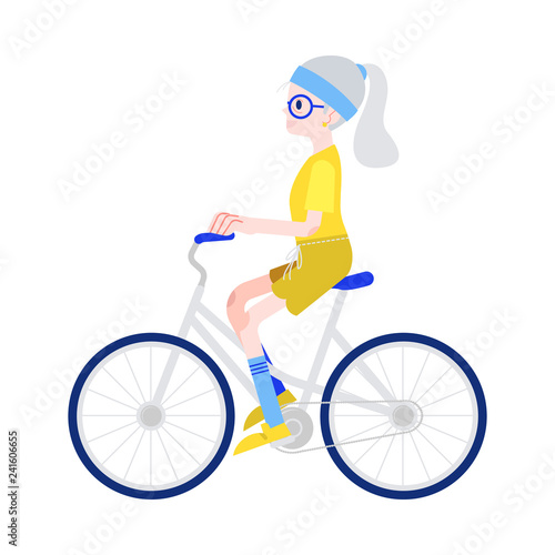Vector illustration of elderly woman riding bike in flat style isolated on white background - smiling gray-haired grandmother on bicycle for sport and active leisure in old age concept.