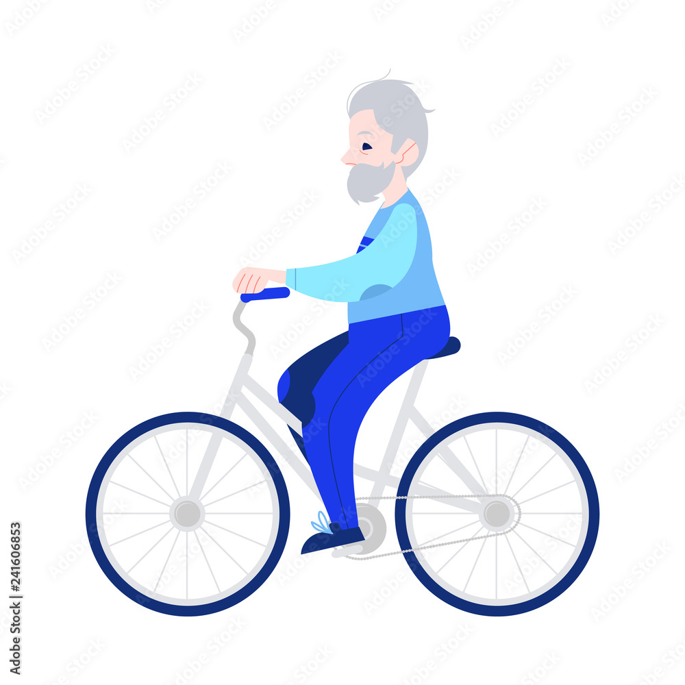 Vector illustration of elderly man riding bike in flat style isolated on white background. Smiling gray-haired grandfather on bicycle for sport and active leisure in old age concept. Vector illustration of elderly man riding bike in flat style isolated on white background. Smiling gray-haired grandfather on bicycle for sport and active leisure in old age concept.