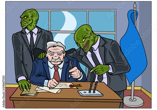 Fotografiet Two reptilians trying to convince a politician to sign a important document