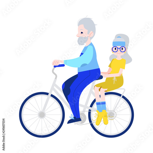 Vector illustration of grandfather driving grandmother on bicycle in flat style - isolated aged male and female characters in sportswear for sport and active leisure in old age concept.