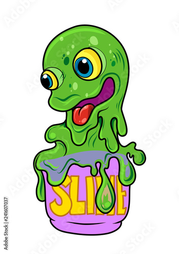 A smiling, cartoon, slime monster flowing from his bucket. Vector illustration