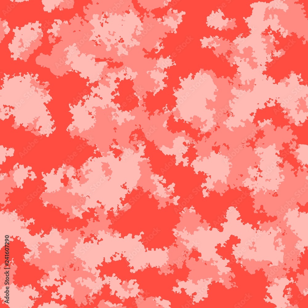 Fashion camo surface design. Living coral marble trendy camouflage salmon red pink fabric pattern.