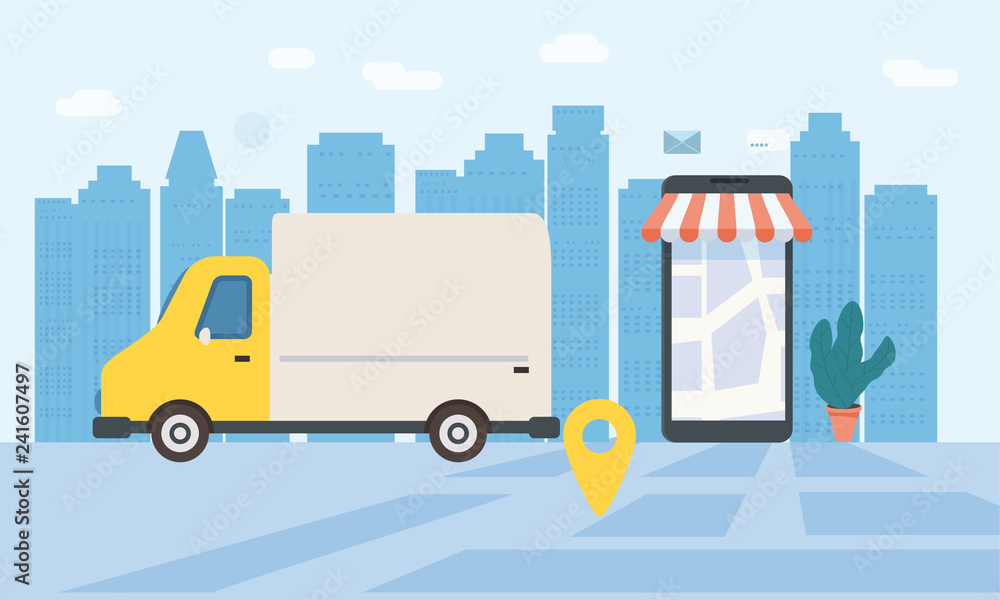 Online delivery of goods, tracking online tracker. Smartphone, parcel delivery truck, stopwatch. Concept, idea, vector, illustration for web sites, shops, animation, mobile applications, advertising