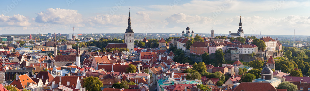 Bright colourful aerial shot of old town of Tallinn, Estonia at sunny day. A very vide panoramic.