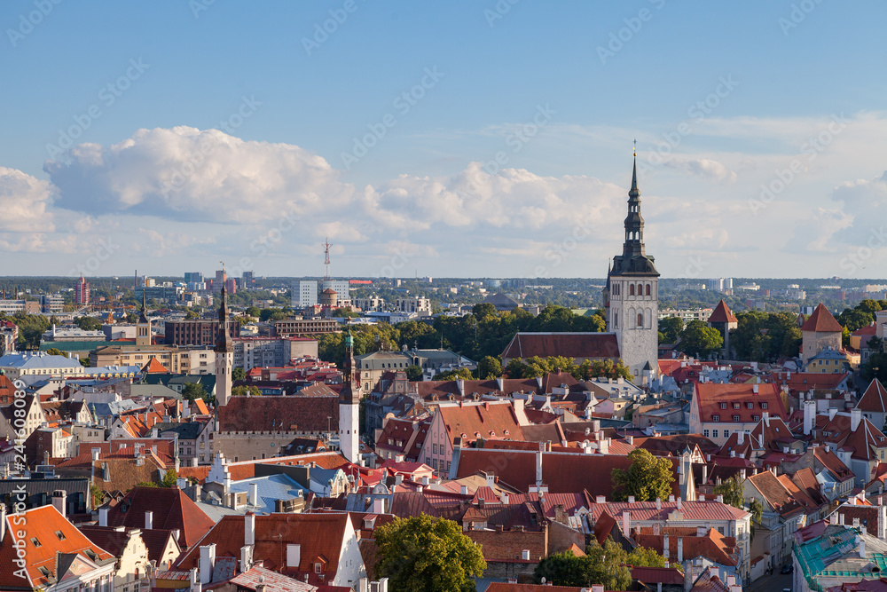 Bright colourful aerial shot of old town of Tallinn, Estonia at sunny day.