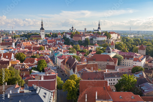 Bright colourful aerial shot of old town of Tallinn, Estonia at sunny day.