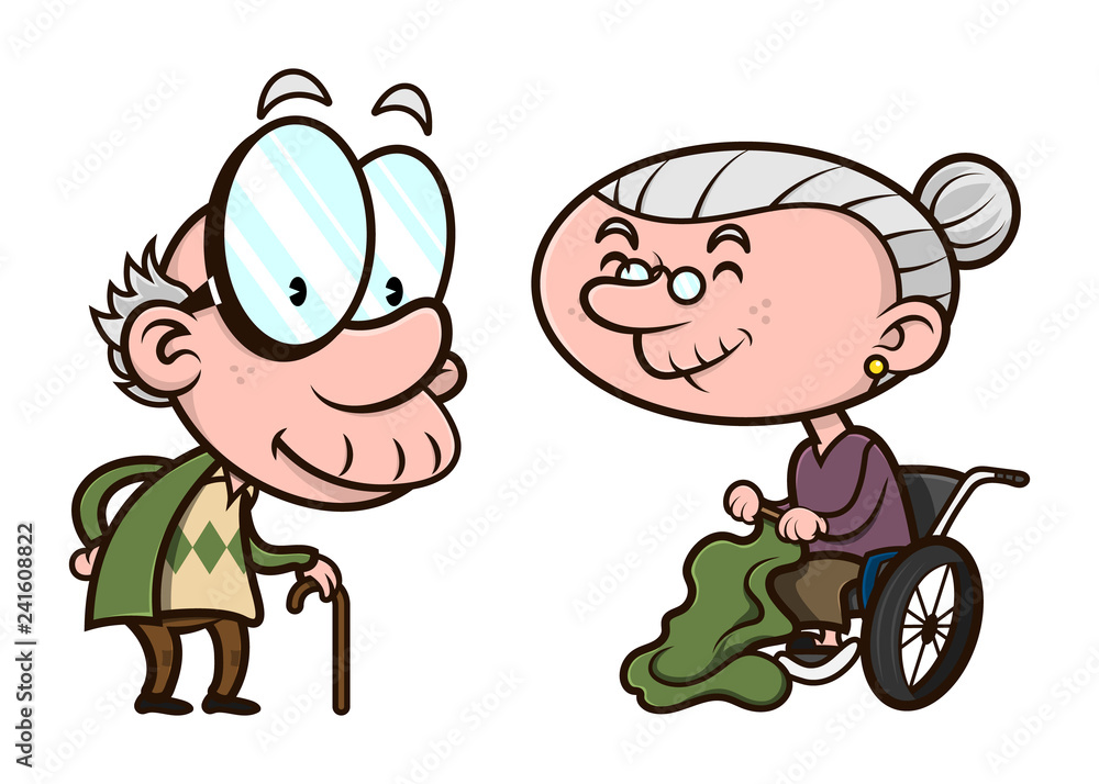 Couple of Elderly activity, old man walking slowly with stick, old woman  sit in wheelchair while weaving cloth, married couples happy until old age  Cartoon Vector Stock Vector | Adobe Stock