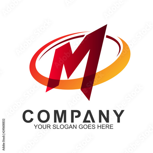 letter M logo with oval swoosh