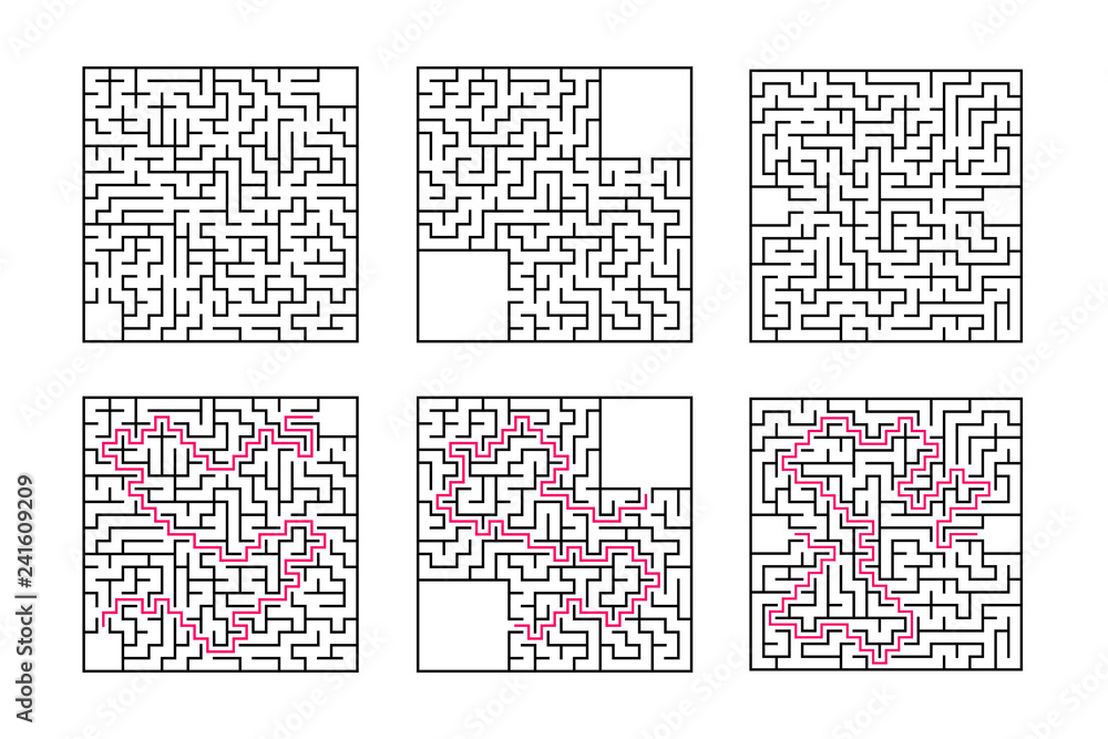 Fototapeta premium A set of square mazes. Game for kids. Puzzle for children. One entrances, one exit. Labyrinth conundrum. Flat vector illustration isolated on white background. With answer. With place for your image.