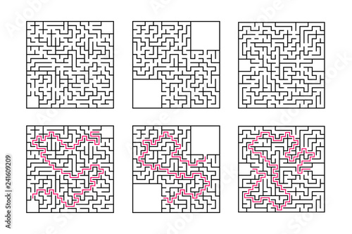 A set of square mazes. Game for kids. Puzzle for children. One entrances, one exit. Labyrinth conundrum. Flat vector illustration isolated on white background. With answer. With place for your image.