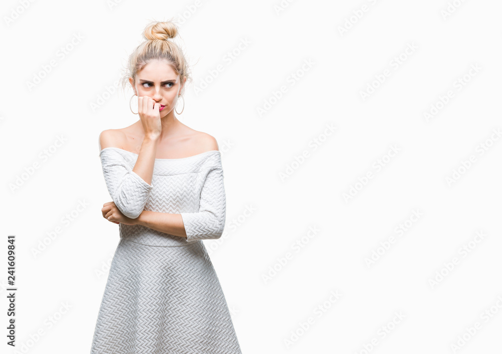 Young beautiful blonde and blue eyes woman over isolated background looking stressed and nervous with hands on mouth biting nails. Anxiety problem. Young beautiful blonde and blue eyes woman over isolated background looking stressed and nervous with hands on mouth biting nails. Anxiety problem.