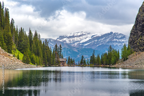 Tea house on the hiking trail at lake Louise with full of hiker around the world