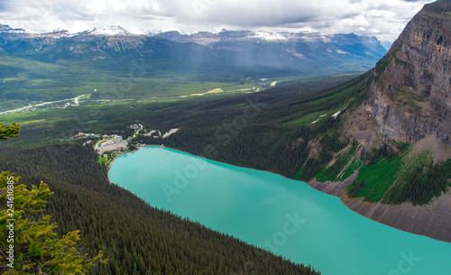 View from the top of the mountain of hotel with turquoise color at Lake Louise