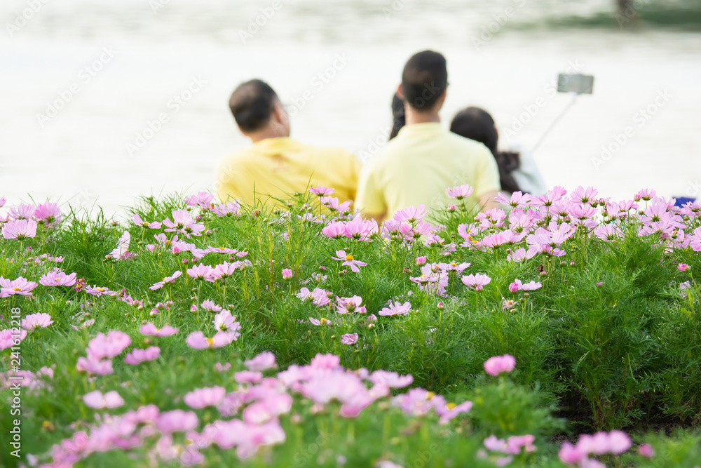 Happy family Sit back and relax living Eating a picnic Happy selfies take family photos. In the midst of flowers and ponds in the middle of a Suan Luang Rama IX park in Thailand Happy family Sit back and relax living Eating a picnic Happy selfies take family photos. In the midst of flowers and ponds in the middle of a Suan Luang Rama IX park in Thailand