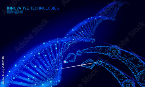 Low poly chemical DNA gene therapy science concept. Polygon lab triangles 3d rendering chemistry genetic engineering. Modern innovation human evolution genomics technology ai vector illustration photo