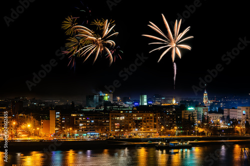 Novi Sad, Serbia - January 01, 2019: Fireworks in Novi Sad, Serbia. New Year`s fireworks.