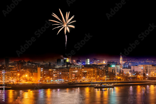 Novi Sad, Serbia - January 01, 2019: Fireworks in Novi Sad, Serbia. New Year`s fireworks. © nedomacki