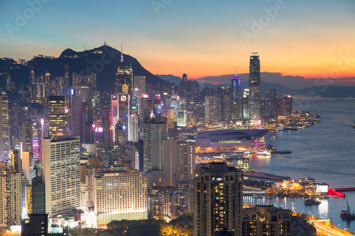 Skyline of Hong Kong Island at sunset, Hong Kong, China photo