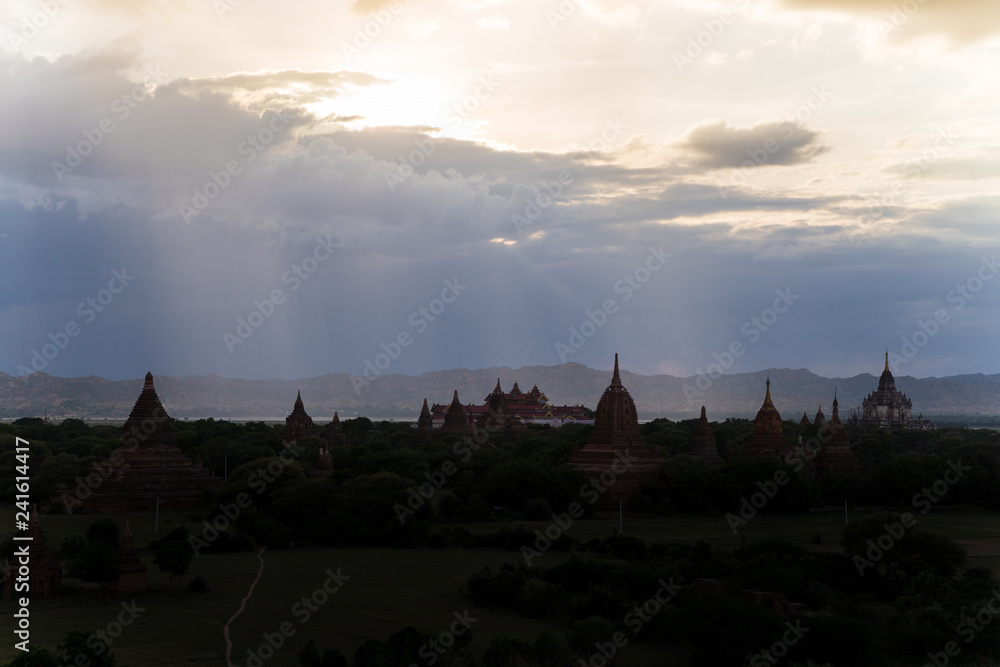 Silhouette of temples at sunset in Bagan, Myanmar