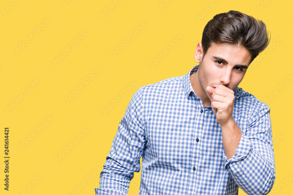 Young handsome business man over isolated background feeling unwell and coughing as symptom for cold or bronchitis. Healthcare concept. Young handsome business man over isolated background feeling unwell and coughing as symptom for cold or bronchitis. Healthcare concept.