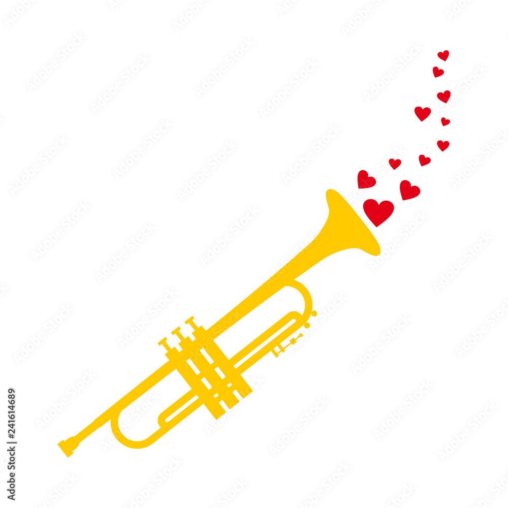Vector trumpet. Trumpet with red hearts. Decor for St. Valentine's Day. Jazz festival. Vector trumpet. Trumpet with red hearts. Decor for St. Valentine's Day. Jazz festival.