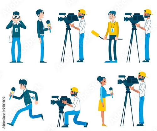 Vector correspondence, reporting live, video interview and journalism concept characters set. Men, women providing reportage for tv, news broadcasting.
